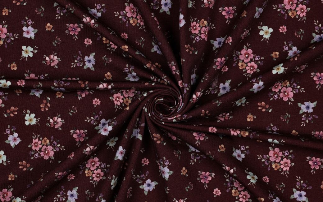 Jersey stof, bloemen print, bordeaux. A.230-3