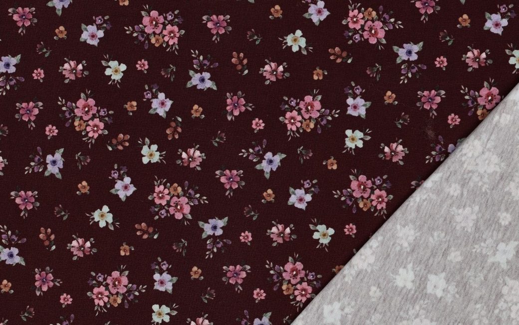 Jersey stof, bloemen print, bordeaux. A.230-2