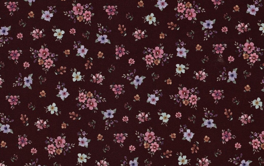 Jersey stof, bloemen print, bordeaux. A.230-1