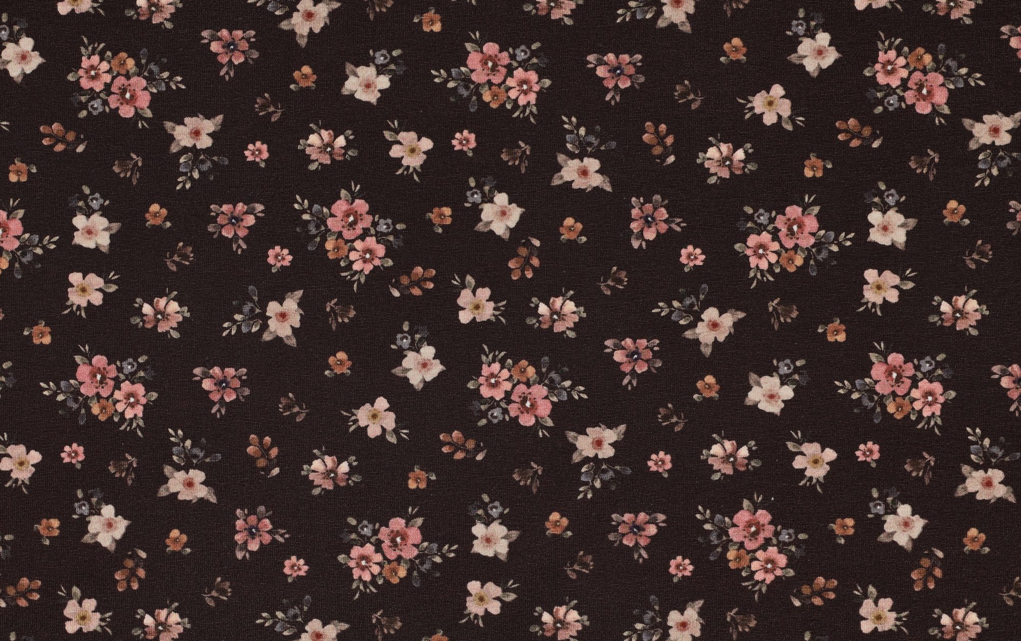 Jersey stof, bloemen print, bruin. A.232-1
