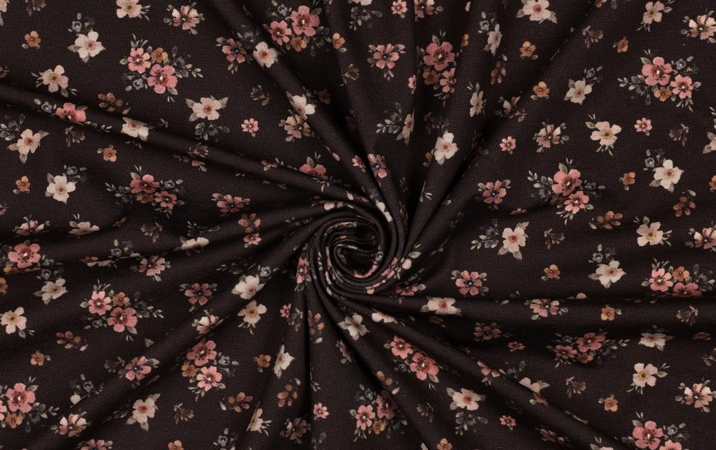 Jersey stof, bloemen print, bruin. A.232-2