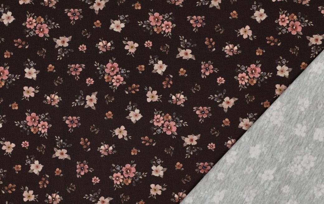 Jersey stof, bloemen print, bruin. A.232-3