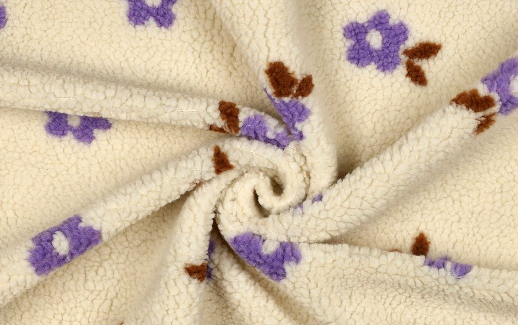 Teddy jacquard stof, bloemenprint, ecru/paars/bruin, by Poppy. P799-3