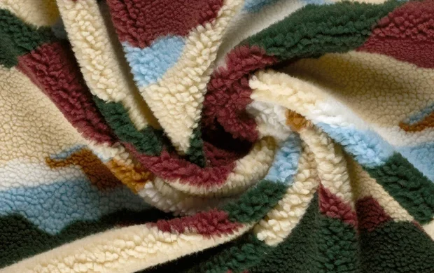 Teddy fleece stof, abstracte print, bordeaux/groen/blauw/wit/crème. A.221-2