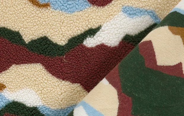 Teddy fleece stof, abstracte print, bordeaux/groen/blauw/wit/crème. A.221-3