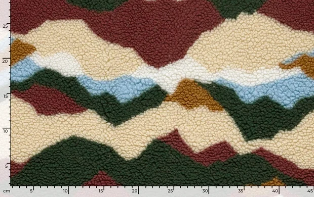 Teddy fleece stof, abstracte print, bordeaux/groen/blauw/wit/crème. A.221-4