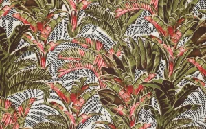 Linnen viscose stof, palmbomen print, groen/rood/wit. A.226-1