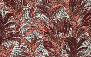 Linnen viscose stof, palmbomen print, bruin/rood/wit. A.227-1