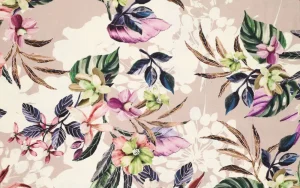 Linnen viscose stof, bloemen print, roze/groen/bruin. A.228-1