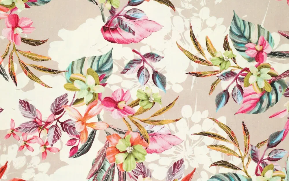 Linnen viscose stof, bloemen print, roze/groen/rood. A.229-1