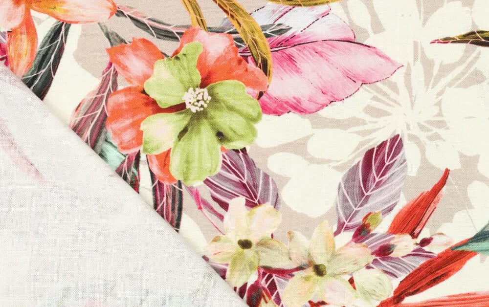 Linnen viscose stof, bloemen print, roze/groen/rood. A.229-3