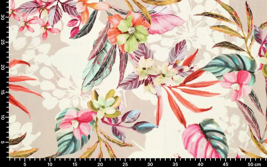 Linnen viscose stof, bloemen print, roze/groen/rood. A.229-4